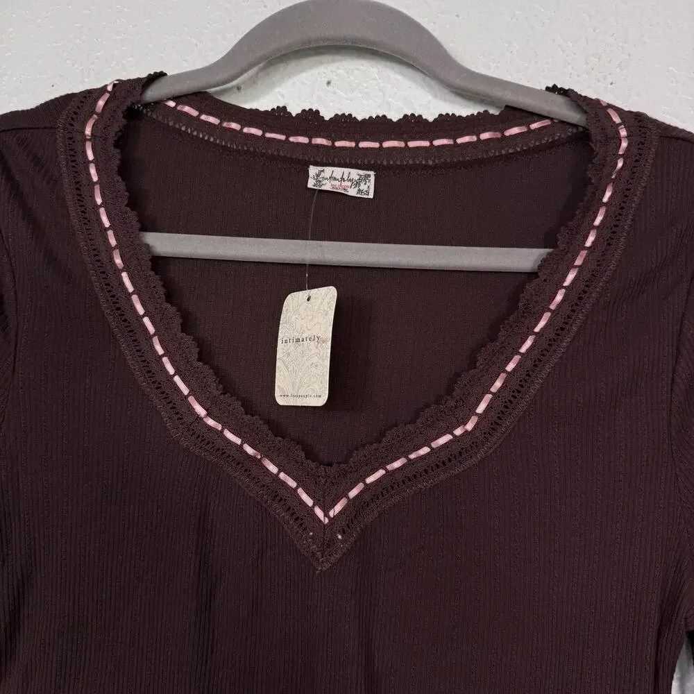 Free People Intimately Top Womens Medium Only You Long Sleeve Lace Ribbed Layer